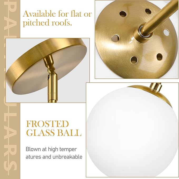 Bagood 6" Globe Pendant Light Gold 2 Pack Mid Century Pendant Light Globe Pendant Lights Kitchen Island Brushed Brass Finished with Milk Glass Adjustable Ceiling Light Fixtures for Dining Room Bar