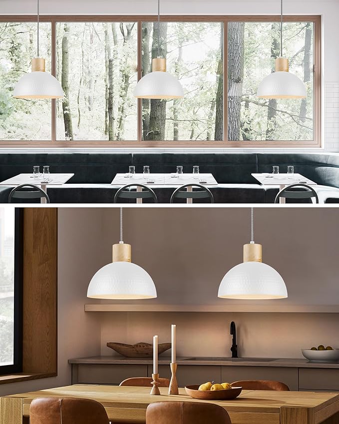 ELYONA 12" Hammered Pendant Light, Metal Dome Hanging Lamp Modern Solid Wood Pendant Light Fixtures for Kitchen Island, Farmhouse, Dining Room, Sink, Bedroom, Hallway, Nordic White
