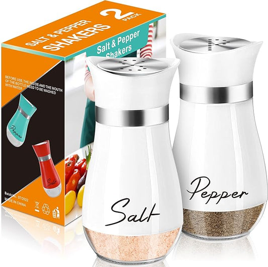 Salt and Pepper Shakers Set,4 oz Glass Bottom Salt Pepper Shaker with Stainless Steel Lid for Kitchen Cooking Table, RV, Camp,BBQ Refillable Design (White)
