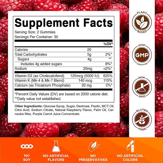 Vitamatic Bonbons Gommes Vitamine D3 et K2 (Lot de 2, 60 unités) Soutient la santé des os, la santé cardiaque, l'absorption du calcium et la fonction immunitaire À base de plantes, Sans OGM, Sans gluten