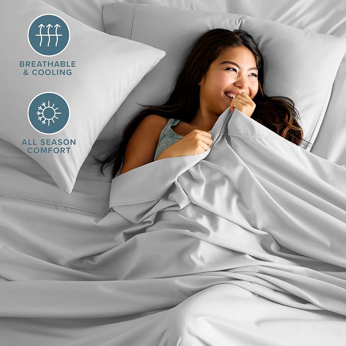 Bare Home Short Queen Sheet Set - 1800 Ultra-Soft Microfiber Bed Sheets - Double Brushed - Deep Pockets - Easy Fit - 4 Piece Set - Bedding Sheets & Pillowcases (Short Queen, Cloud Grey)
