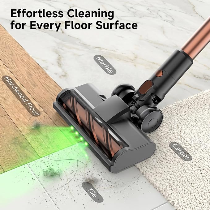 Cordless Stick Vacuum Cleaner - 40KPA Powerful Suction Vacuum with 45 Min Runtime, Detachable Battery, Anti-Tangle & 1.5L Dust Cup, 8 in 1 Vacuum Cleaner for Pet Hair, Carpet, HardFloor, Gold