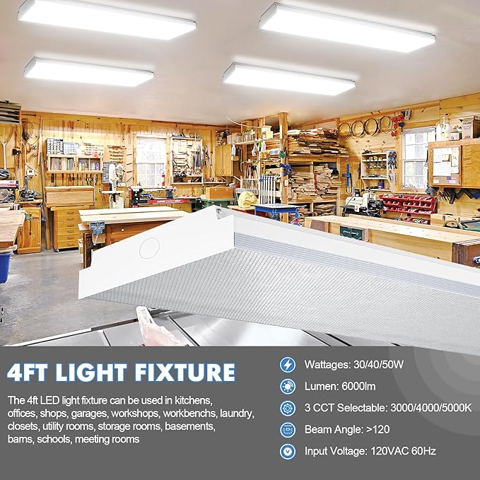 FAITHSAIL Dimmable 4FT LED Wraparound Light, 3 CCT 3000K/4000K/5000K, 30W/40W/50W, 3500lm/4600lm/6000lm, 4 Foot Led Shop Light & Kitchen LED Light Fixture, 48 Inch Flush Mount Light Fixture, 2 Pack
