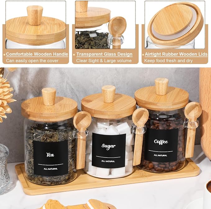 Suclain 3 Pcs Glass Coffee Container with Wooden Lid Spoon Shelf Labels Clear Airtight Jar Food Storage Canister Set for Sugar Spice Coffee Bean Holder Housewarming Gift(20 oz,Natural Bamboo)