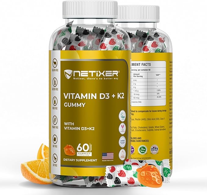 Gummies Vitamine D3 K2 pour Adultes – 60 Gummies Végans à l'Orange | 400 UI (10 mcg) D3 + 55 mcg Vitamine K2 MK-7 | Emballées Individuellement, Sans Gélatine, Sans Gluten, Sans OGM | Certifié Halal