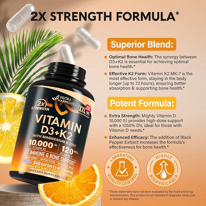 Vitamine D3 K2 - Vitamine D3 10000 UI & K2 sous forme de MK-7 120 mcg - Soutien immunitaire et de l'humeur, pour la santé des os et des dents - avec Magnésium, Zinc et Vitamine C & B12 - Haute biodisponibilité - Fabriqué aux États-Unis, 240 gélules
