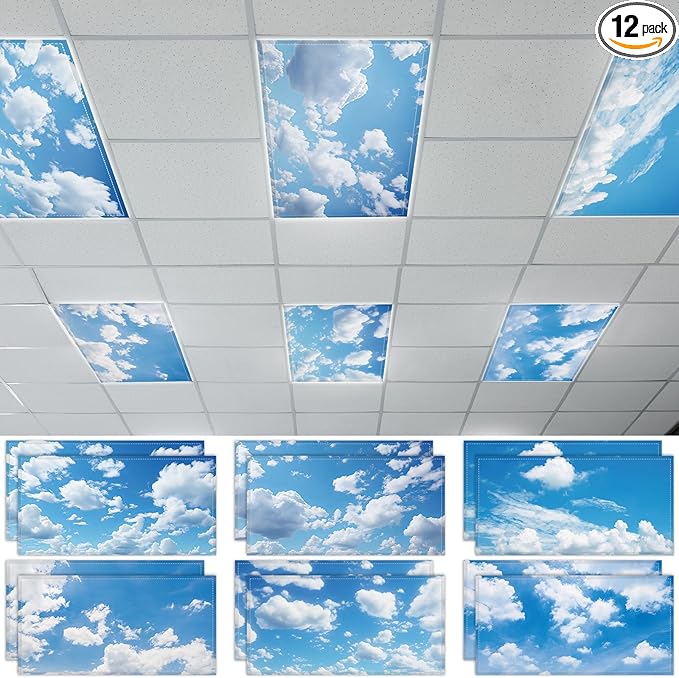 12 Pcs Fluorescent Light Covers with 120 Magnets Decorative for Classroom Ceiling Light 4 x 2 Feet Magnetic Light Covers Filter Easy Install for Office Hospitals Home Supplies(Blue Sky White Clouds)