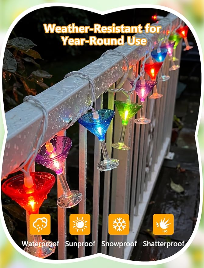 Margarita Fiesta Party Lights, 8.5Ft Summer Decorative String Lights Plug in with 10 LED Multicolor Cocktail Glass Lights, Indoor Outdoor Patio Lights Waterproof for Home Tiki Bar Party Lighting Decor