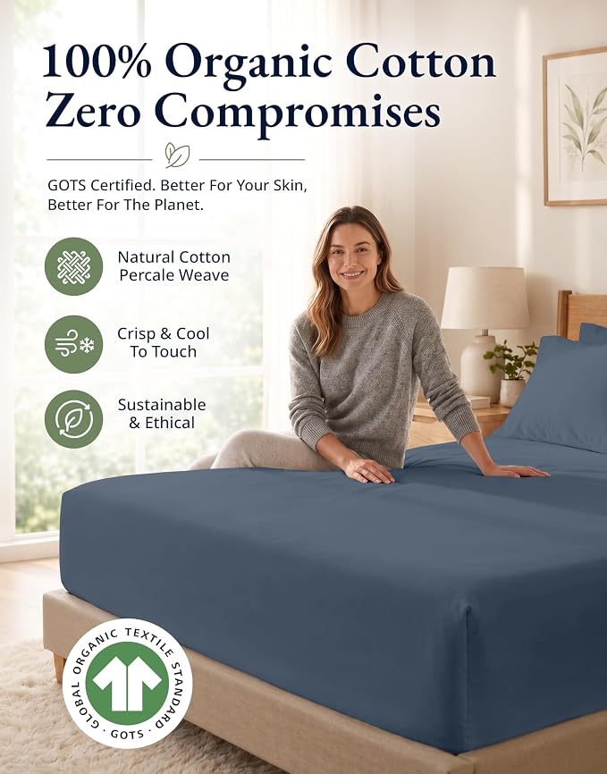 LANE LINEN 100% Organic Cotton Twin Fitted Sheet, 2-Piece Set (1 Fitted Sheet, 1 Pillowcase), Percale Weave, Lightweight, Soft, Breathable, Fits Mattress Upto 15' Deep - Estate Blue (No Flat Sheet)
