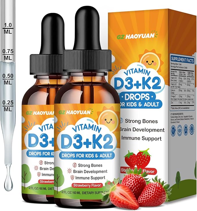 Gouttes de Vitamine D3 K2 pour Enfants, Supplément Liquide de Vitamine D3 avec Calcium, Oméga 3, Zinc pour l'Absorption du Calcium, Santé des Os, Développement Cérébral et Système Immunitaire, Sans OGM, Végan, Saveur Fraise 120 ml