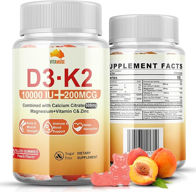 Gummies D3+K2 avec citrate de calcium, magnésium, vitamine C, zinc, 10000 UI, saveur pêche, sans sucre, 60 unités