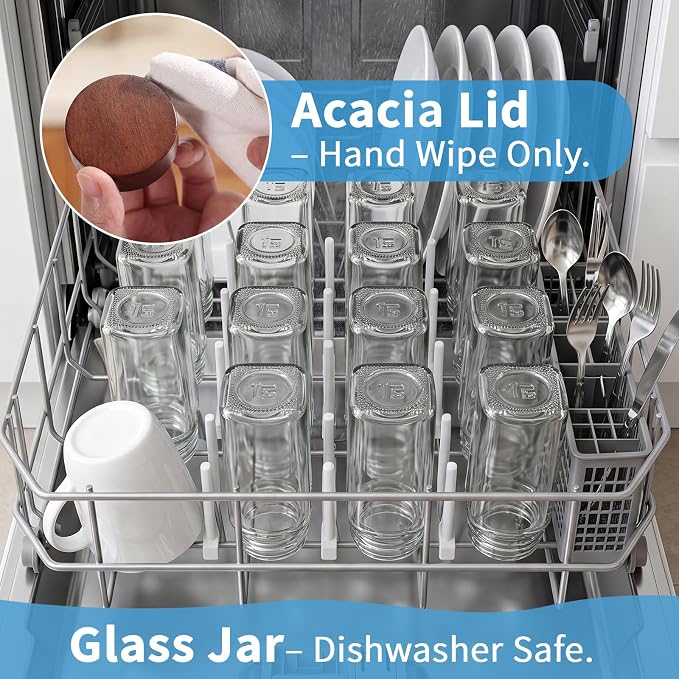 Yangbaga Glass Spice Containers for Kitchen: 34p 4oz Durable Glass Dishwasher Safe Jars for Cooking Enthusiasts- Airtight Acacia lid 500X Open-Close no Loose - Gift/Daily Use for Housewives