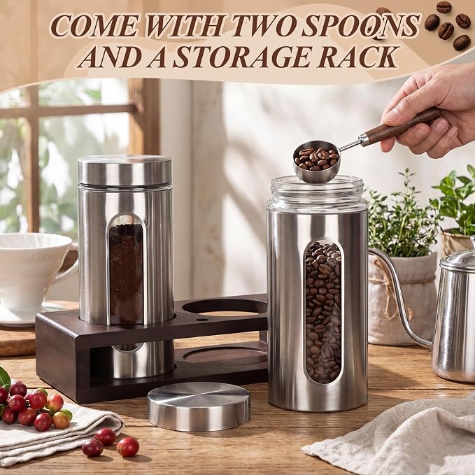Suclain Stainless Steel Coffee Grounds Canisters with Shelf 2 x 50oz Sugar Coffee Bean Storage Container Airtight Threaded Lid Glass Window Scoop Kitchen Jar Set (Upgrade Style, 11.02 x 5.12 x 2.76'')