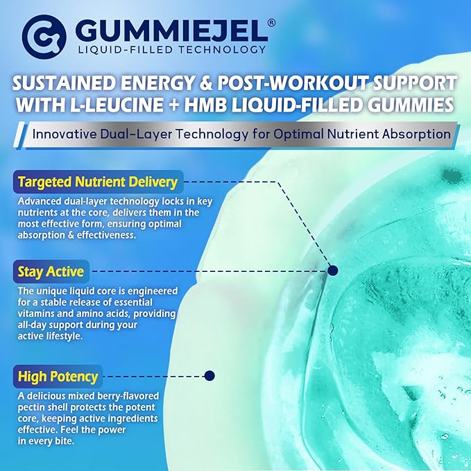 Hmb and L-Leucine Gummies, Pre Work Essential Amino Acids EAA Supplements for Men & Women, w/Branched-Chain Amino (BCAA) & 4 Hydration Electrolytes, Taurine, B12 & D3 for Fast Workout Recovery, 60Cts