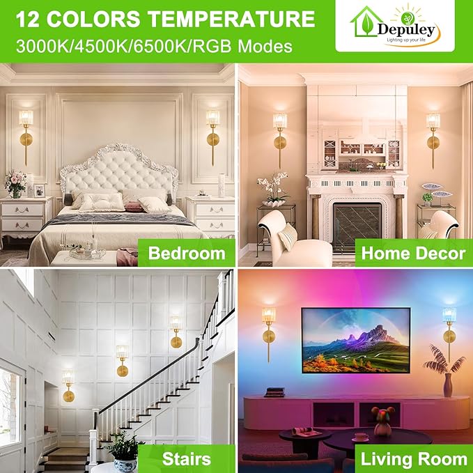 Depuley Battery Operated Wall Sconce: Set of 2 Wireless Crystal Wall Lights with Remote for Bedroom - Rechargeable 15 Colors Gold Wall Lamp for Living Room Hallway Home Decor
