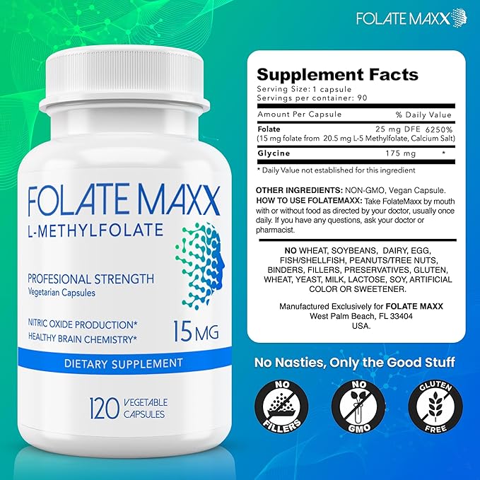 FolateMaxx L-Methylfolate 15mg, 120 Capsules – Doctor Formulated Methyl Folate Supplement for Women & Men – High Potency 5-MTHF for Energy, Mood & Focus – Non-GMO, Gluten-Free (4-Month Supply)