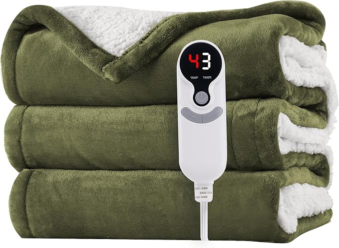 Electric Heated Blanket Twin Size 62"x84" - Microplush & Sherpa Fabric Dual-Sided, 6 Heat Settings & 1-10 Hours Auto Off , Cozy Warming Throw for Home, Office, or Bed, Machine Washable, Olive Green