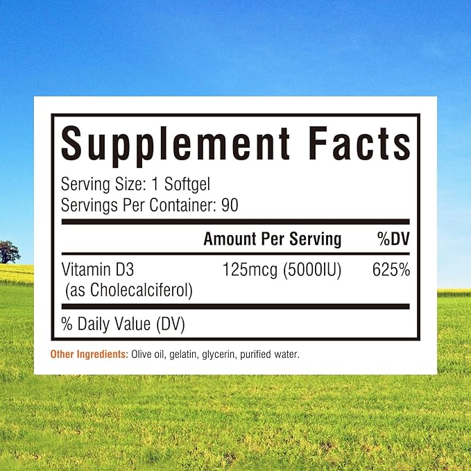 Innate Vitality Vitamine D3 5000 UI (125 µg), Vitamine D à haute puissance pour le soutien de la santé des os, des dents et du système immunitaire, sans OGM, sans soja ni gluten, dans de l'huile d'olive, mini gélules molles, 90 capsules