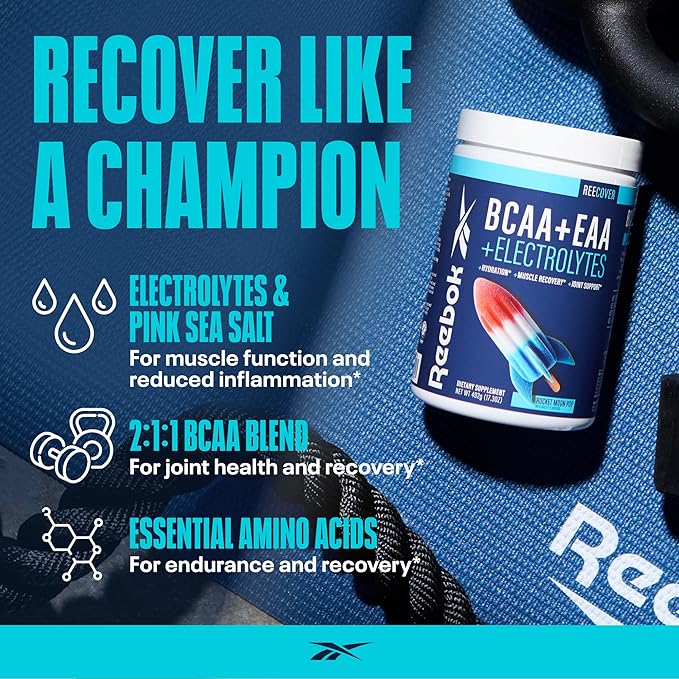 Reebok REEcover Amino Acids + Electrolytes | 8g EAAs, 5g BCAAs, Hydration Matrix | Muscle Recovery, Strength | Post-Workout Support | 30 Servings | Rocket Moon Pop
