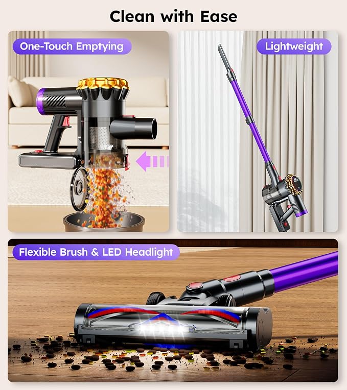 Cordless Vacuum Cleaner,Upgraded 550W 45KPA 60Mins Vacuum Cleaners for Home,Self-Standing Stick Vacuum with LED Display, Anti-Tangle,8 in 1 Lightweight Vacuum Cordless for Pet Hair Carpet Hard Floors