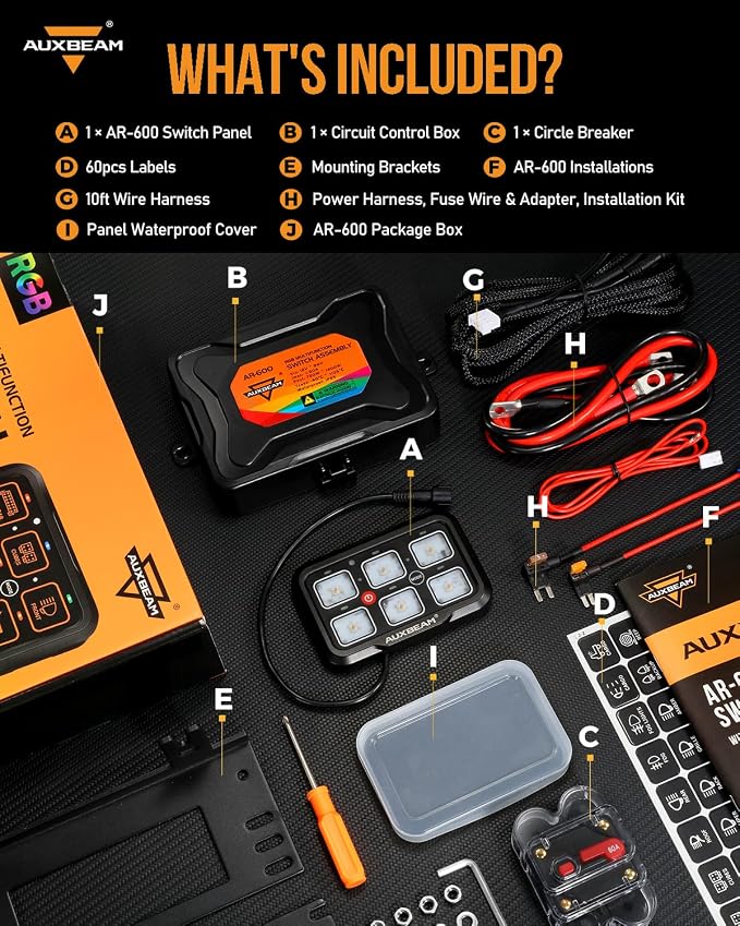 Auxbeam 6 Gang Switch Panel Bluetooth RGB AR-600 with Toggle Momentary Pulsed Modes Multifunctional Switch pod with Manual and Automatic Backlit Control Boat Switch Panel for Truck Car ATV Waterproof