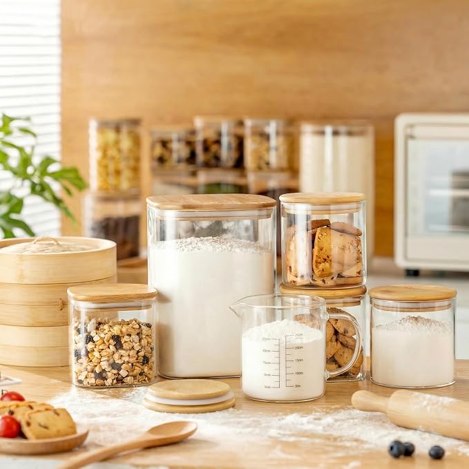 Large Glass Storage Containers 168oz&84oz, Pantry Jars with Bamboo Lids-2P | Square Borosilicate Glass Jar with Airtight Lid Keep Flour, Sugar & Rice Fresh, Fits 5lb Bag, BPA-Free for Pantry Organizer