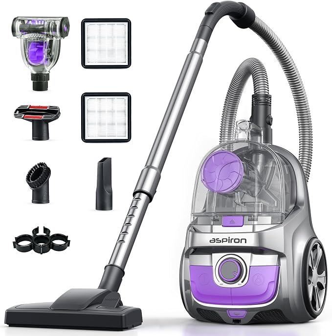 Aspiron 40Kpa Canister Vacuum Cleaner, 1600W Bagless Canister Vacuum Cleaner with 5 Tools, Auto Cord Rewind, H13 HEPA Filter, 4Qt Large Cup, for Hard Floors, Carpet, Pet, Upholstery, Tiles, Purple