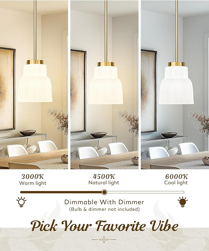 FEMILA Brushed Gold Pendant Light with Milk Glass Shade, Modern Hanging Light Fixture for Kitchen Island, Dining Room, Bar, E26 Socket, Adjustable Height, 4FYD87MIL BG