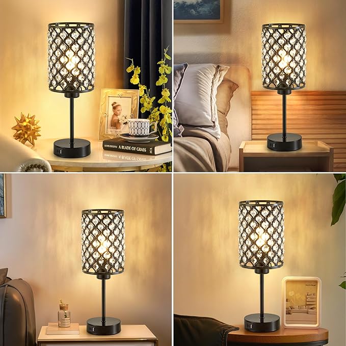 GyroVu Crystal Table Lamp, Black Lamp for Bedroom Nightstand with USB C+A Ports, Dimmable Touch Lamp with Crystal Shade, Bedside Lamp Small Lamp for Bedroom, Living Room, Office (Bulb Included)