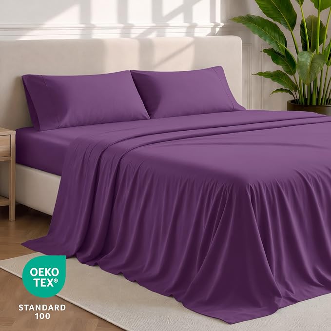 Bare Home King Sheet Set - 1800 Ultra-Soft Microfiber King Bed Sheets - Double Brushed - Deep Pockets - Easy Fit - 4 Piece Set - Bedding Sheets & Pillowcases (King, Plum)
