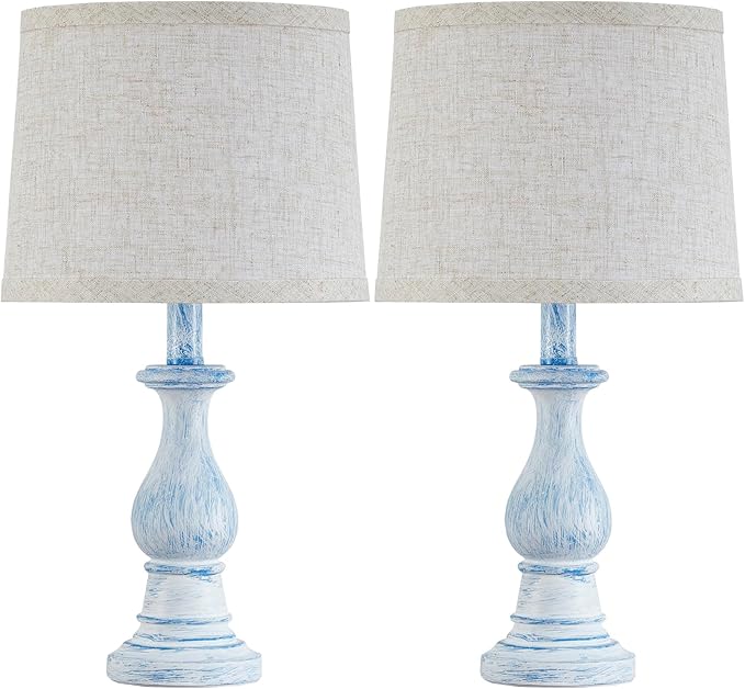 Vintage Table Lamp for Living Room Bedroom, 18.5" Farmhouse Bedside Lamps Nightstand Lamp Set of 2, Table Lamps with Oatmeal Linen Lamp Shades, 2 LED Bulbs Included, Washed Blue