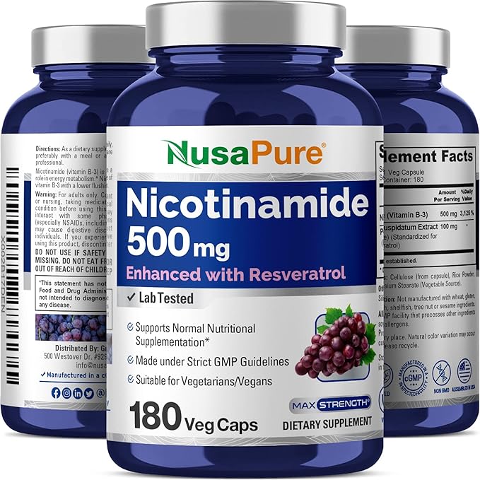 NusaPure Nicotinamide avec Resvératrol (Vitamine B-3) 500 mg - 180 Gélules Végétariennes (Sans OGM et Végane)