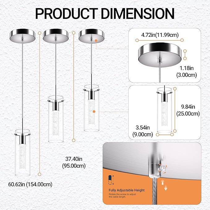 Pendant Ceiling Light Fixture, 2700K Pendant Lights for Kitchen Island Crystal Pendant Light Brushed Nickel, 1 Pack Integrated Kitchen Hanging Light Fixture Modern Island Light with Clear Glass