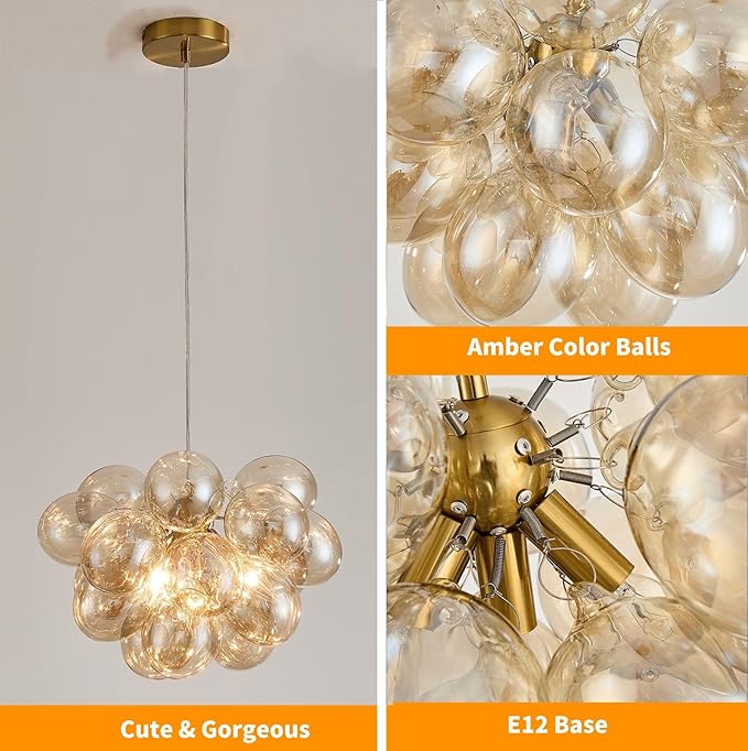 Surpars House Cognac Bubble Ball Chandelier, Modern Glass Ceiling Light, 4 Lights Pendant Lighting Fixture for Bedroom,Livinng Room,Dining Room