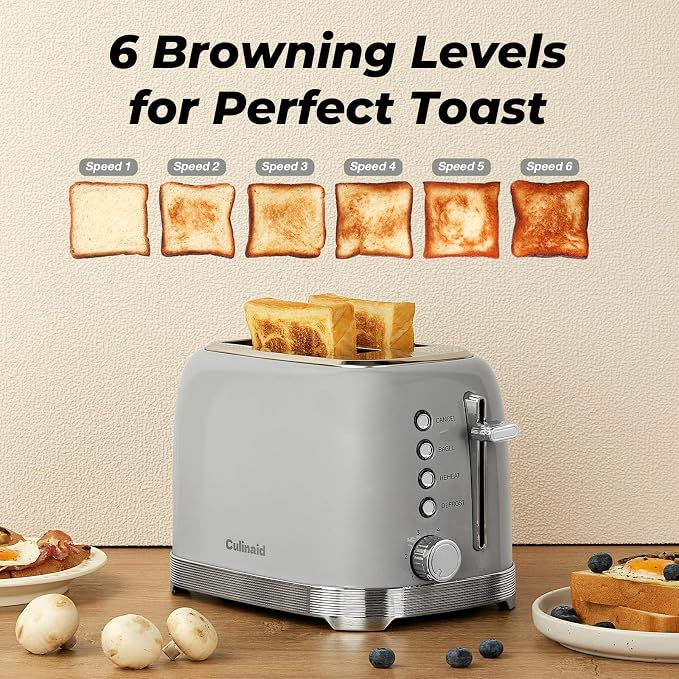 Toaster 2 Slice Retro Stainless Steel with 1.5” Extra Wide Slots Bagel, Defrost, Reheat, Cancel Functions, 6 Bread Shade Settings, Removable Crumb Tray, Gray