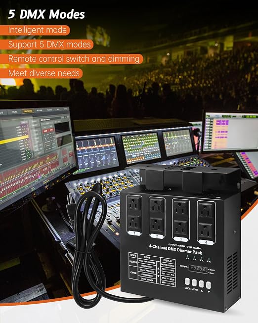 DMX Dimmer Pack 512, 4 Channel Dimmer Pack with 5' DMX Cable and LED Display, 5 DMX Modes, 20A Max Suitable for Stage Lighting Control