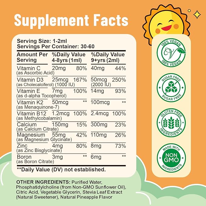 Gouttes de Vitamine D3 K2 pour Enfants, Complément Alimentaire Liquide Liposomal K2 D3 avec Calcium Magnésium Zinc, Vitamine B12, C, E pour des Os, des Dents et un Cœur Solides chez les Enfants et les Adultes, Saveur Ananas 2 Fl Oz