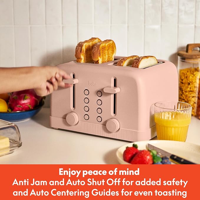bella 4 Slice Toaster, 6 Setting Shade Control with Reheat & Cancel Buttons, Removable Crumb Tray, Anti Jam & Auto Shutoff, 900 Watt, Blossom
