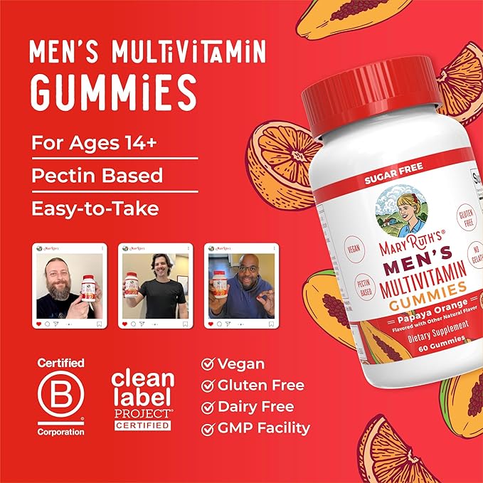 Gummies Multivitaminées MaryRuth's pour Hommes | Vitamines A, C, D, E, B6, B12, Biotine, Zinc | Métabolisme Énergétique | Immunité | Santé des Os | Santé Cellulaire | Végan | Sans OGM | Sans Gluten et sans Sucre | 60 Unités