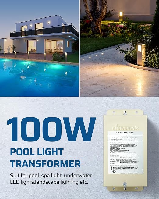 DEWENWILS 100W Pool Light Transformer, 120V AC to 12V/13V/14V AC, Multi-tap Low Voltage Transformer for Swimming Pool Lighting, Spa, Landscape & Fountain Lights, Outdoor Lighting Products, UL Listed…