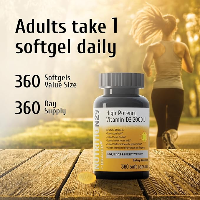 Vitamine D3 2000 UI (50 mcg) avec Vitamine D3 Provitas® de qualité USP, huile d'olive double et TCM pour une meilleure absorption, soutien des os, des muscles et du système immunitaire, sans OGM, approvisionnement de 360 jours