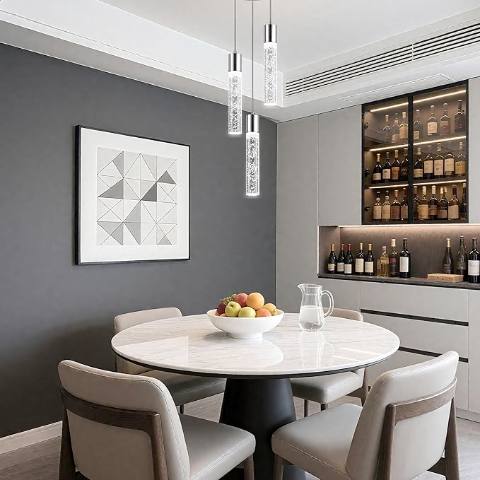 Pendant Lights Kitchen Island, 6500K Modern Kitchen Island Lights Brushed Nickel, Ceiling Lighting Fixtures with Crystal Bubble, Integrated LED Hanging Light for Dining Room 1 Pack(3-Light)