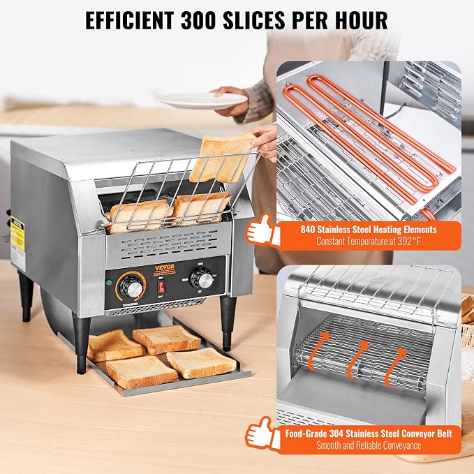 VEVOR Commercial Conveyor Toaster, 300 Slices/Hour, Heavy Duty Stainless Steel, Electric Restaurant Toaster for Toast, Bun, Bagel, Bread