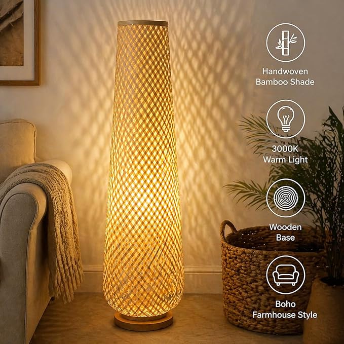 MIXL-Farmhouse Style Bamboo Floor Lamp,Large Wicker Indoor Floor Light,Boho Standing Light Plug in,Modern Minimalist Standing Lamp for Living Room Bedroom