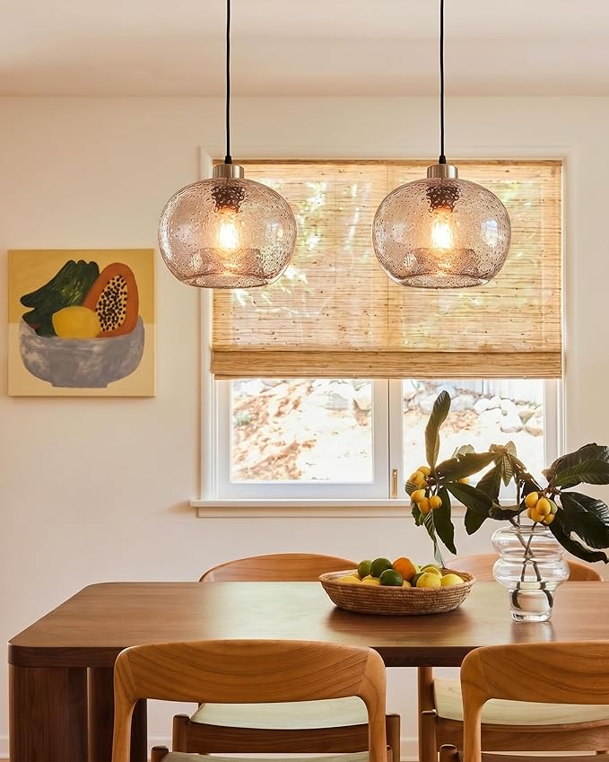 CASAMOTION Handblown Glass Pendant Lighting Drop Ceiling Lights, Modern Rustic Hanging Light Clear Seeded Glass with Black Marble, Brushed Nickel Finish, 8.7 Inch Diameter