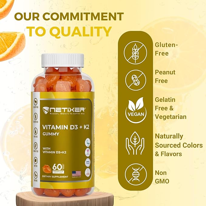 Gummies Vitamine D3 K2 pour Adultes – 60 Gummies Végans à l'Orange | 400 UI (10 mcg) D3 + 55 mcg Vitamine K2 MK-7 | Emballées Individuellement, Sans Gélatine, Sans Gluten, Sans OGM | Certifié Halal