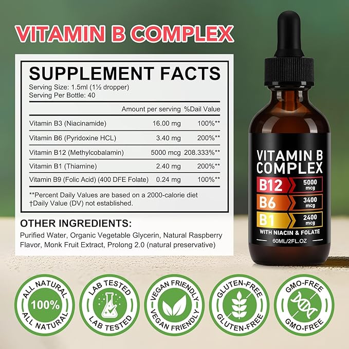 Vitamin B Complex, Organic B Complex Vitamins for Women, Vitamin B Complex Liquid, Vitamin B12 Methylcobalamin,b6,B1,B9 for Metabolic Health Support, Vegan, Non-GMO, Gluten Free (2)