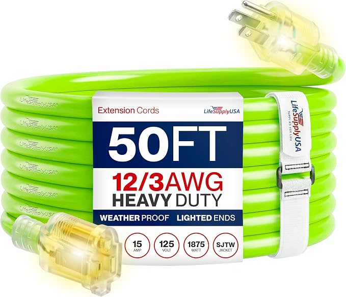 50ft Outdoor/Indoor Extension Cord 12/3 Gauge Extra Heavy Duty 3 Prong SJTW, Waterproof, Flexible Cold-Resistant Long Power Cord, 15A 125V 1875W, Neon Green by LifeSupplyUSA