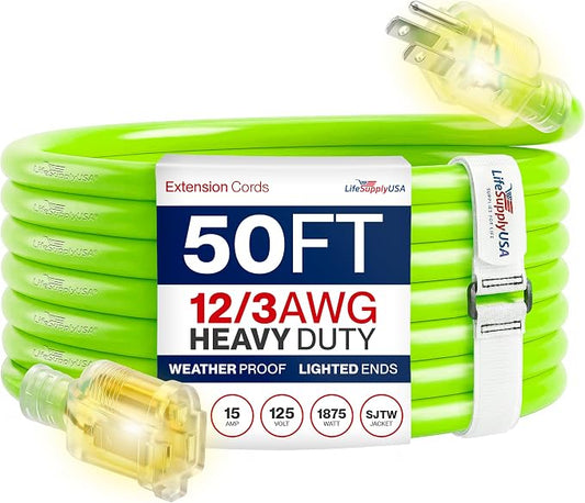 50ft Outdoor/Indoor Extension Cord 12/3 Gauge Extra Heavy Duty 3 Prong SJTW, Waterproof, Flexible Cold-Resistant Long Power Cord, 15A 125V 1875W, Neon Green by LifeSupplyUSA