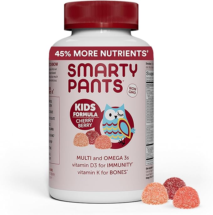 Gommes multivitaminées SmartyPants pour enfants : Huile de poisson Oméga 3 (EPA/DHA), Vitamine D3, C, Vitamine B12, B6, A, K et Zinc pour le soutien immunitaire, Biotine, Saveurs Raisin, Cerise et Baies, 120 unités (30 jours de provision)